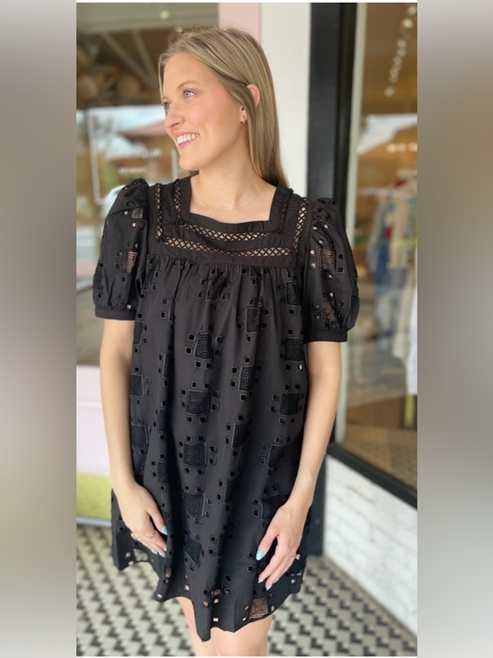 English Factory Dresses & Skirts - English Factory Black Geometric Eyelet Puff Sleeve Mini Dress Size M EUC